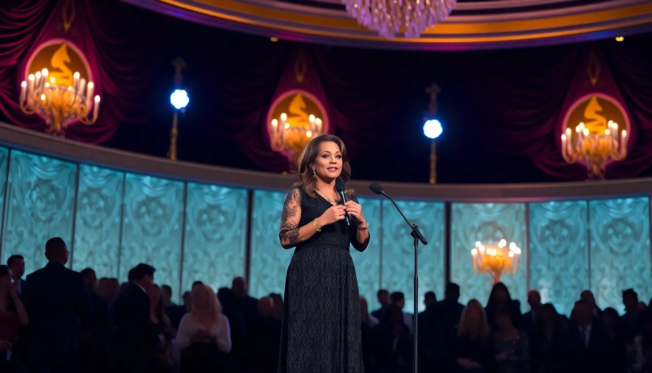 Janet Jackson stands on stage at the Grammy Hall of Fame Gala, passionately advocating for peace and unity in front of an engaged audience.