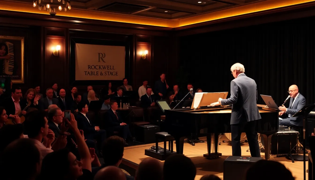 A vibrant scene of Goldblum at the Rockwell Table & Stage, blending his acting charm with musical talent in front of an enthusiastic crowd