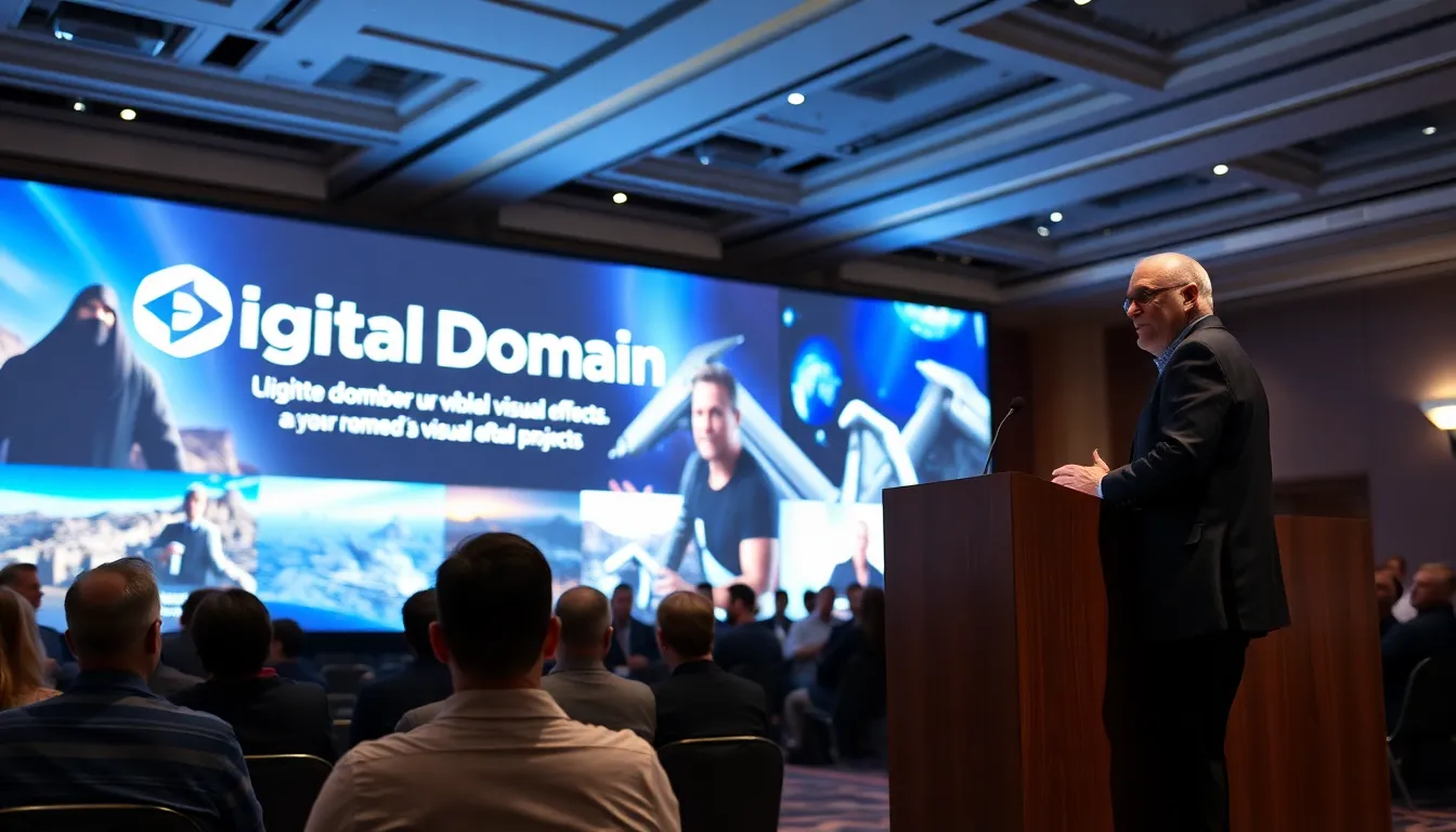 Jelmer Boskma is seen speaking at a press conference announcing his new position as VFX Supervisor at Digital Domain, with a backdrop featuring the company's logo and images of their acclaimed visual effects work.