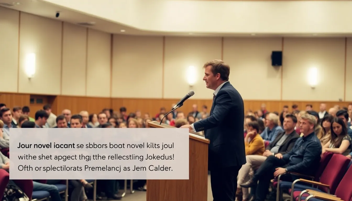 Jem Calder speaks to an audience at a literary event, sharing insights about his debut novel and the influence of Sally Rooney on his writing journey.