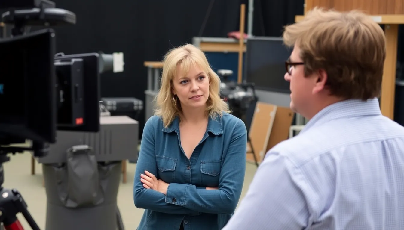 Jenna Elfman and Stephen Fry are seen on set, engaged in a serious discussion while filming a scene for the Fox drama The Interrogator.