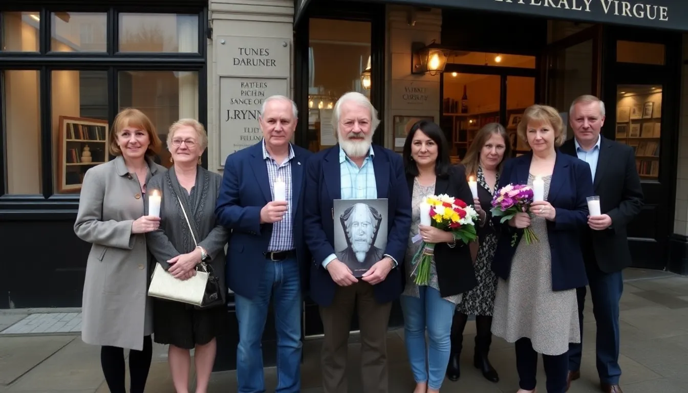 A group of mourners gathers outside a literary venue, holding candles and flowers in tribute to J.H. Prynne, reflecting on his profound impact on contemporary poetry.