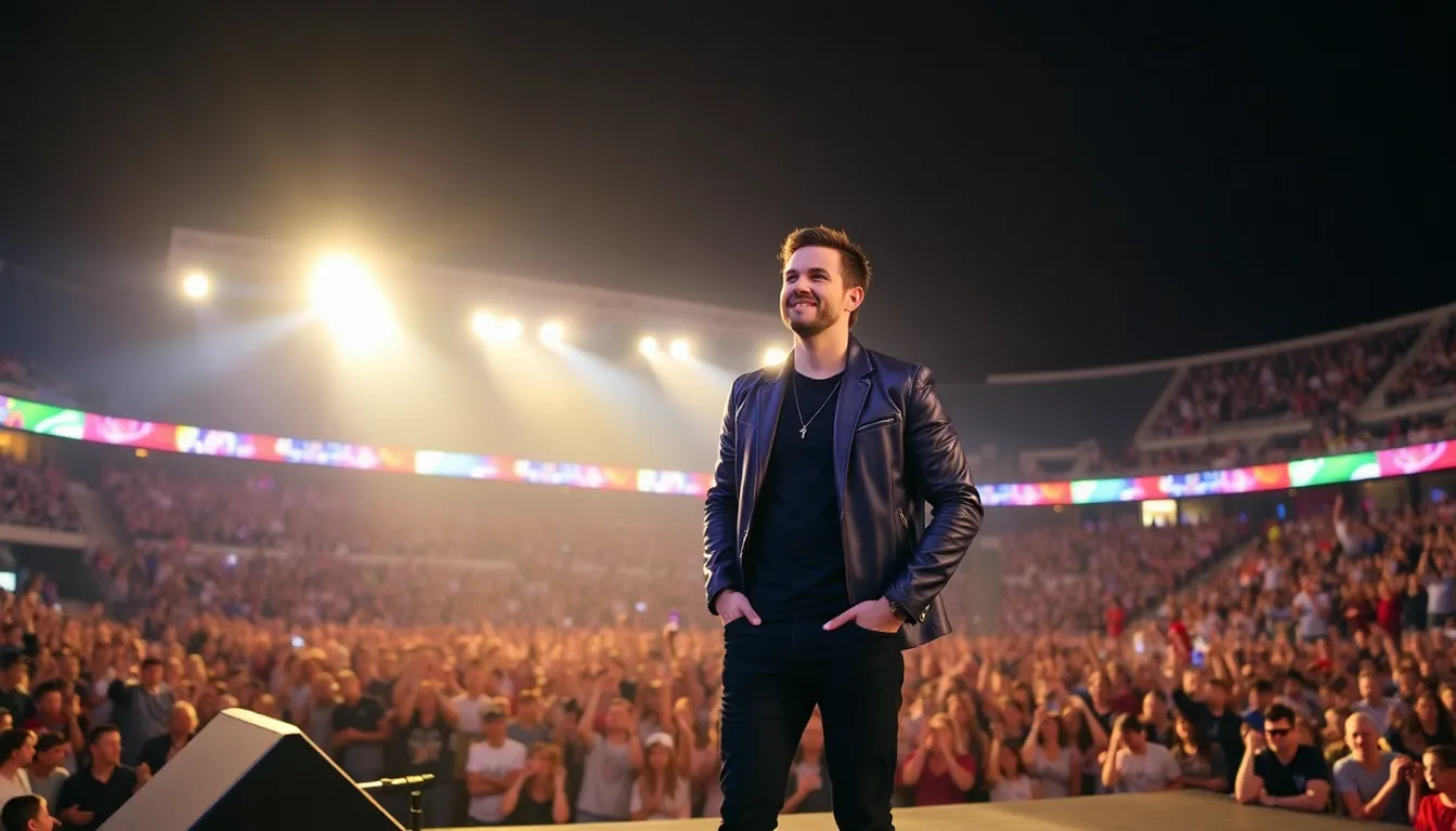 JJ stands confidently on stage during a rehearsal for the upcoming Eurovision Song Contest, surrounded by vibrant lights and a cheering crowd, as he prepares to showcase his unique musical style.