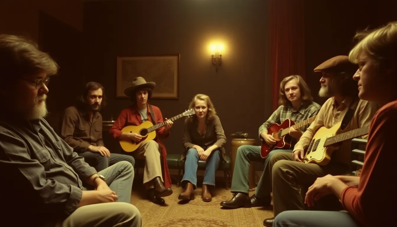 Joan Didion sits in a dimly lit room, engaged in conversation with members of the Grateful Dead, as the atmosphere reflects the vibrant counterculture of the 1970s.