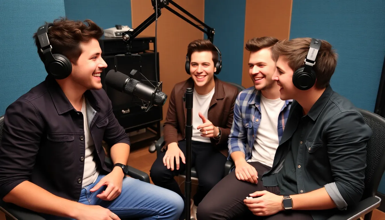 The Jonas Brothers are gathered around a microphone in a studio, smiling and engaging with each other as they prepare to launch their new weekly podcast.