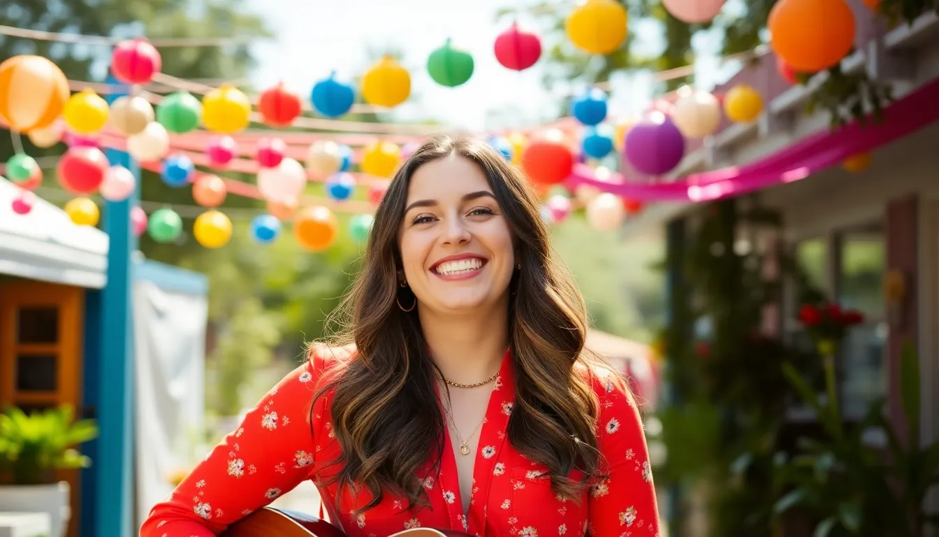 Kacey Musgraves smiles brightly while announcing her new album and tour, surrounded by colorful decorations that reflect her playful artistic style.
