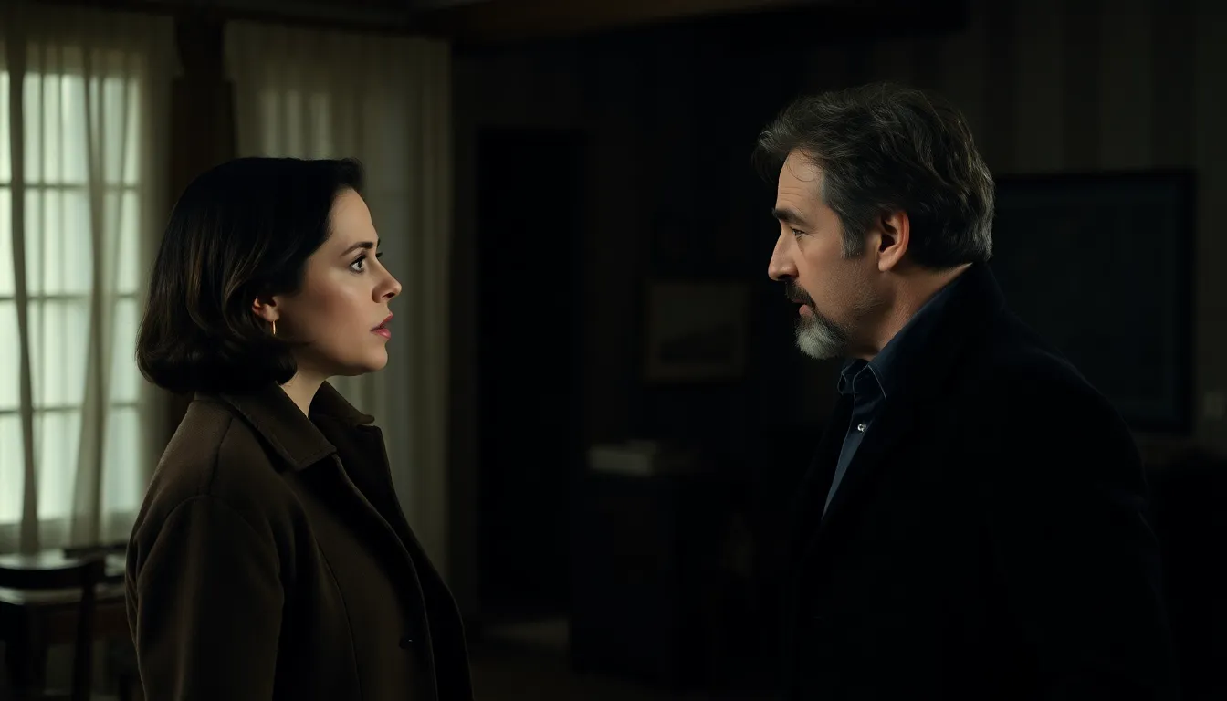 Marion Cotillard and Denis Ménochet deliver powerful performances during a tense scene in the film 'Karma,' showcasing their emotional range amidst a dramatic backdrop.