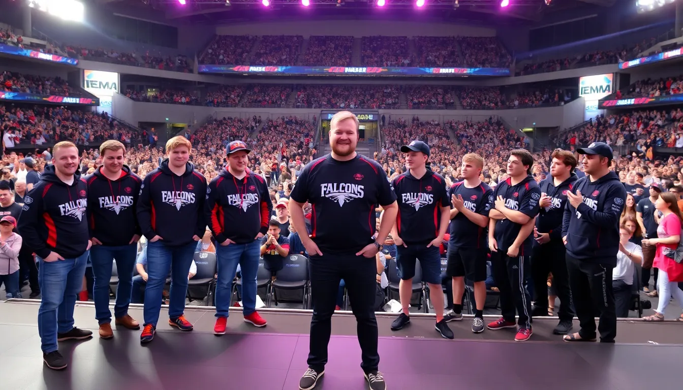 Karrigan stands on stage with Team Falcons, surrounded by teammates and fans, as they prepare for their first match at the IEM Atlanta tournament amidst ongoing discussions about the armored aim punch mechanic in CS2.