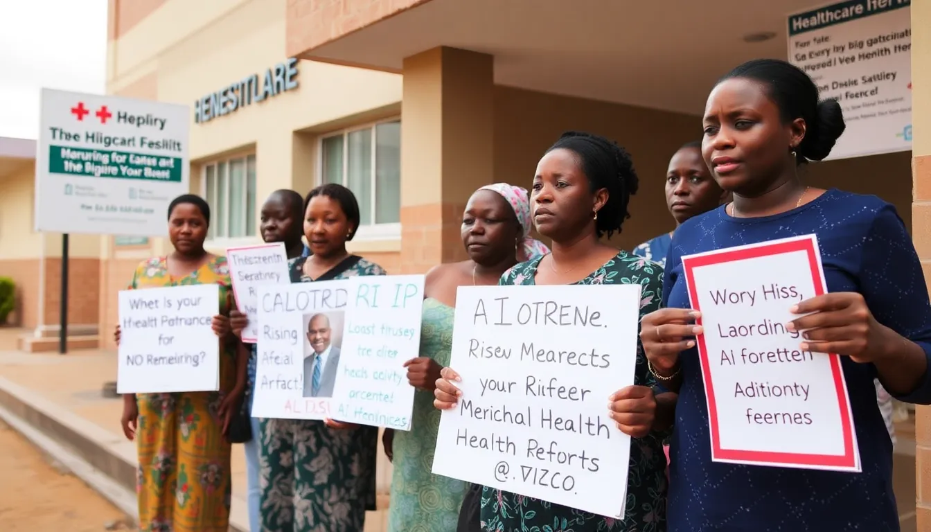 A group of frustrated patients waits outside a healthcare facility in Kenya, expressing their concerns over rising medical costs and the challenges posed by AIdriven health reforms.