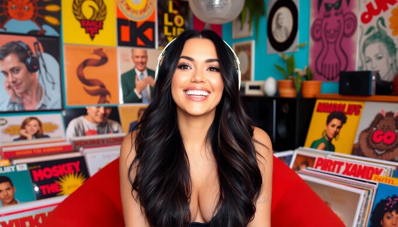 Khloé Kardashian shares a joyful moment while listening to music, surrounded by colorful album covers and a vibrant atmosphere that reflects her eclectic taste.