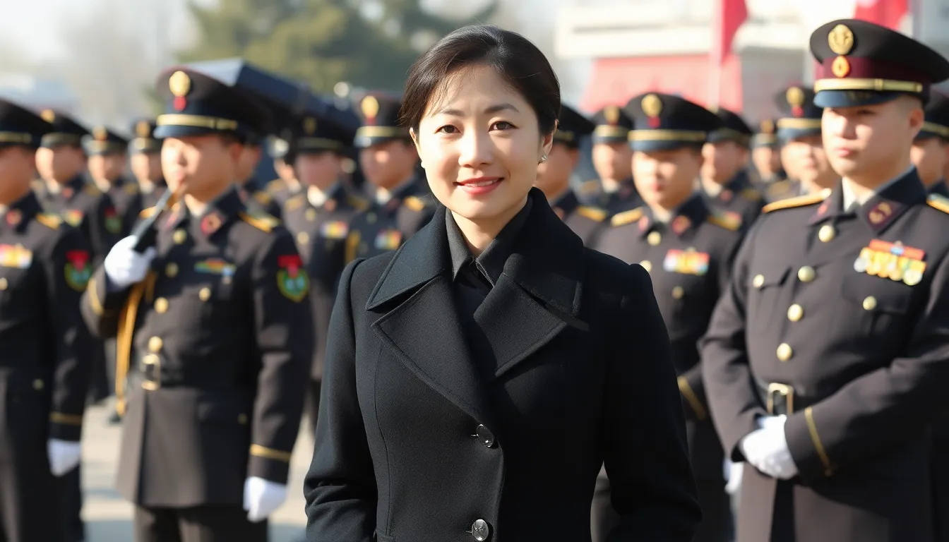 Kim Ju Ae stands confidently at a military parade, wearing a tailored black coat with military insignia, symbolizing her potential future role in North Korea's leadership.