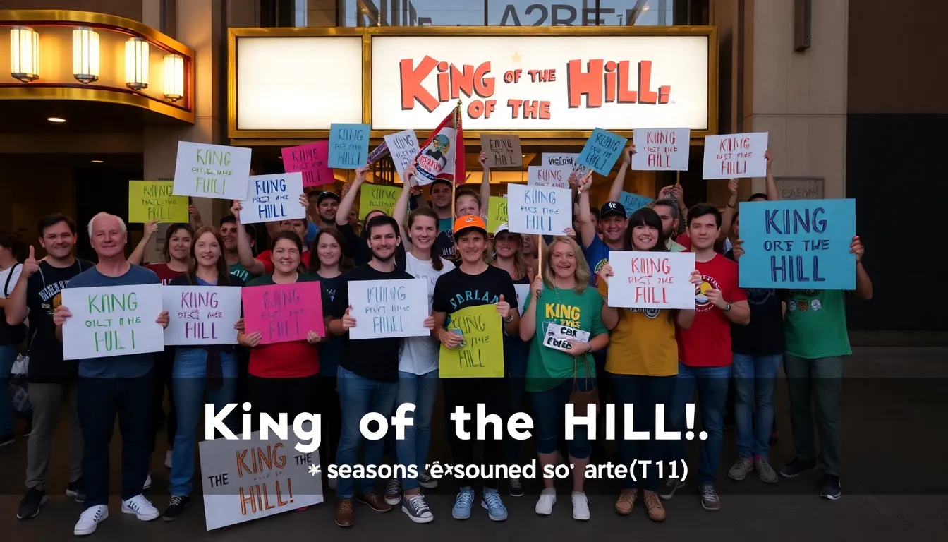 A group of enthusiastic fans gathers outside a theater, holding signs and wearing merchandise in celebration of the announcement for the 15th season of King of the Hill on Hulu.
