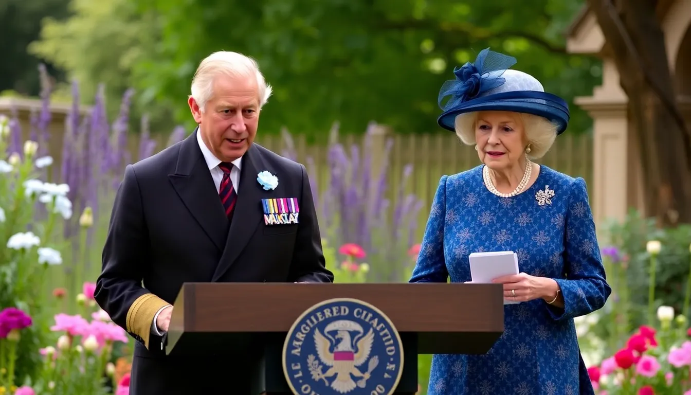 King Charles III and Queen Camilla stand together at a podium, delivering heartfelt tributes to David Attenborough in celebration of his upcoming 100th birthday.