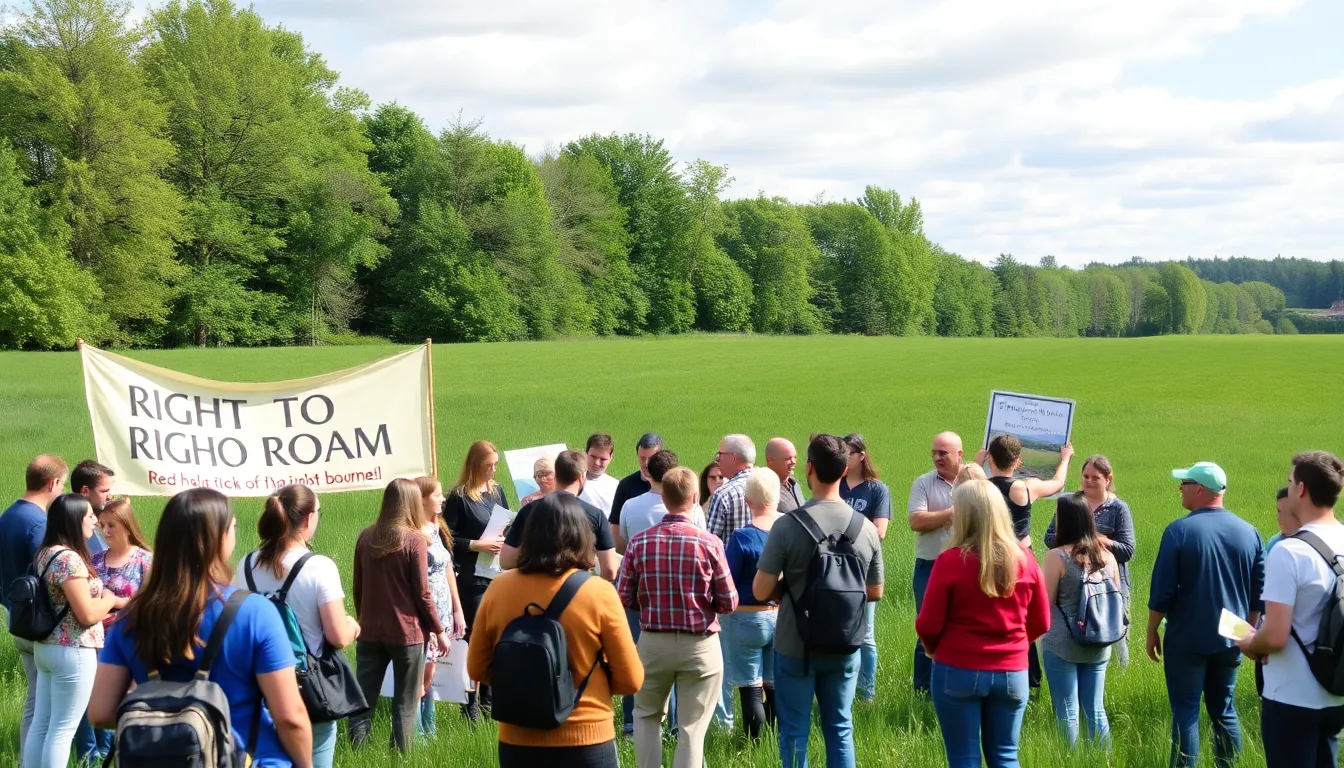 A diverse group of supporters gathers in a lush green field, holding banners and engaging in discussions to promote the righttoroam campaign.