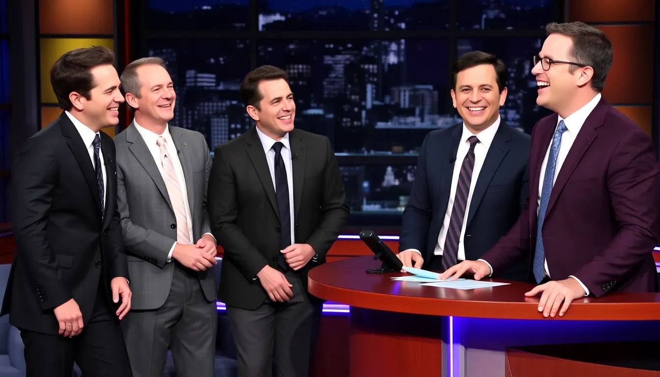 Latenight hosts Jimmy Kimmel, John Oliver, Seth Meyers, and Jimmy Fallon share a moment of laughter while discussing former President Donald Trump's fascination with their shows during a segment on Stephen Colbert's 'Late Show.'
