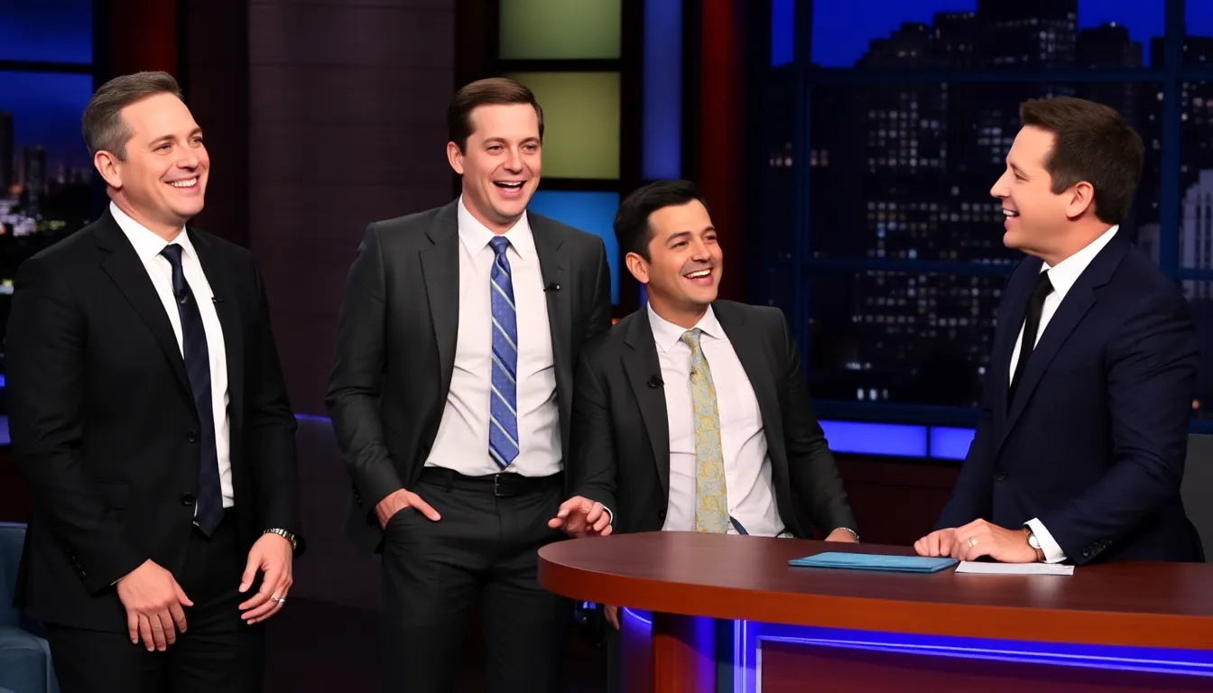 A group of latenight comedians, including John Oliver and Seth Meyers, engage in a lively discussion about the impact of Trump's responses to their political satire