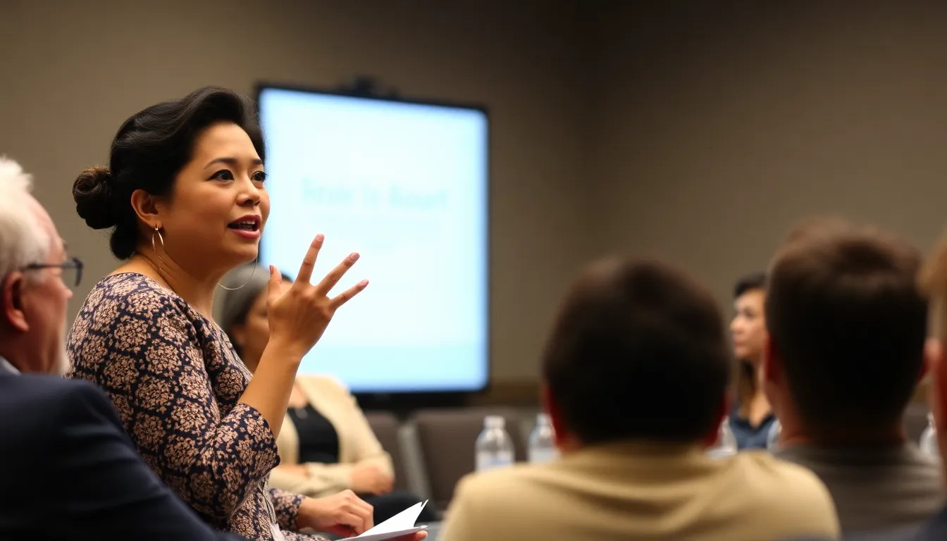 Lea Salonga speaks passionately at a panel discussion about the need for better representation of Asian performers on Broadway, surrounded by fellow artists and industry professionals.