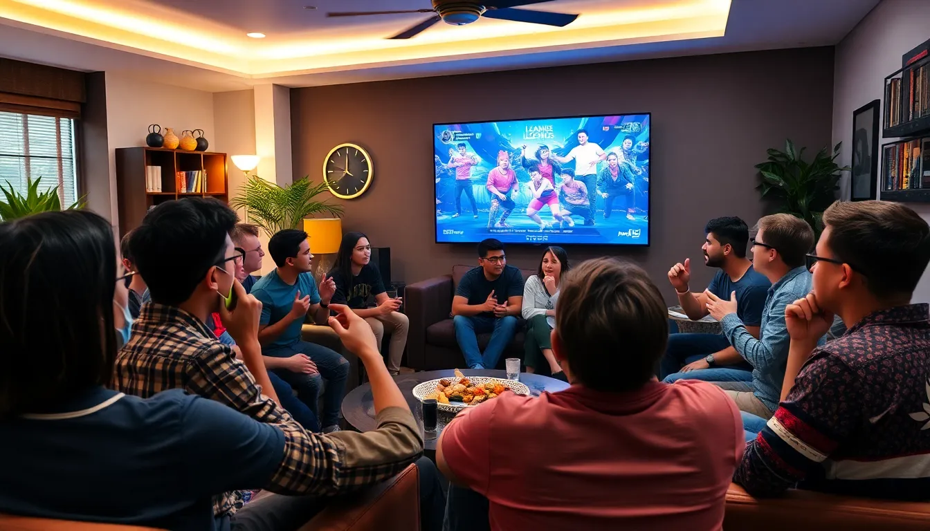 A group of esports fans gathers in a lively living room, eagerly watching a League of Legends match on a large screen while discussing strategies and cheering for their favorite teams.
