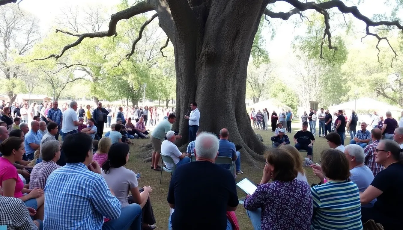 Community members gather at a public meeting to discuss the proposed development plans that threaten a historic tree, symbolizing family heritage and local identity.