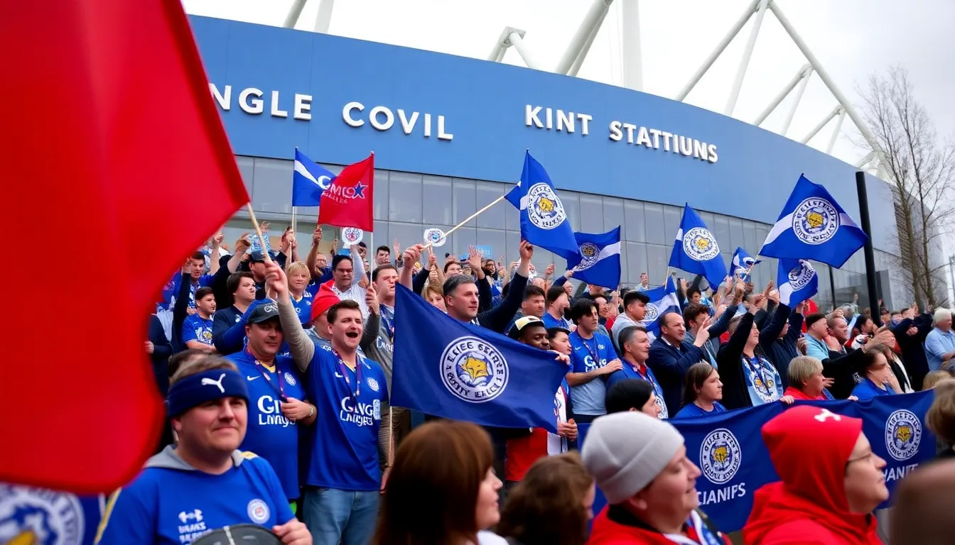 Leicester City fans gather at the King Power Stadium, waving flags and celebrating the 10th anniversary of their historic Premier League title win.