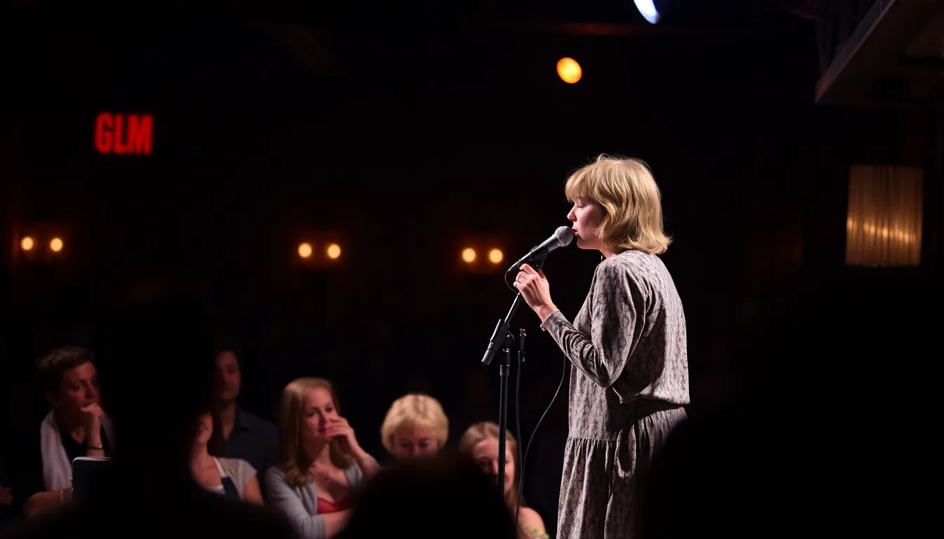 Lily Allen performs on stage during her onewoman show, surrounded by an intimate audience in a dimly lit venue, showcasing her emotional storytelling and musical talent.