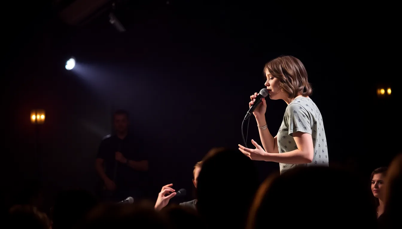 Fans enjoying an intimate moment with Lily Allen as she shares personal anecdotes and social commentary, fostering a deeper connection through her unique artistic vision