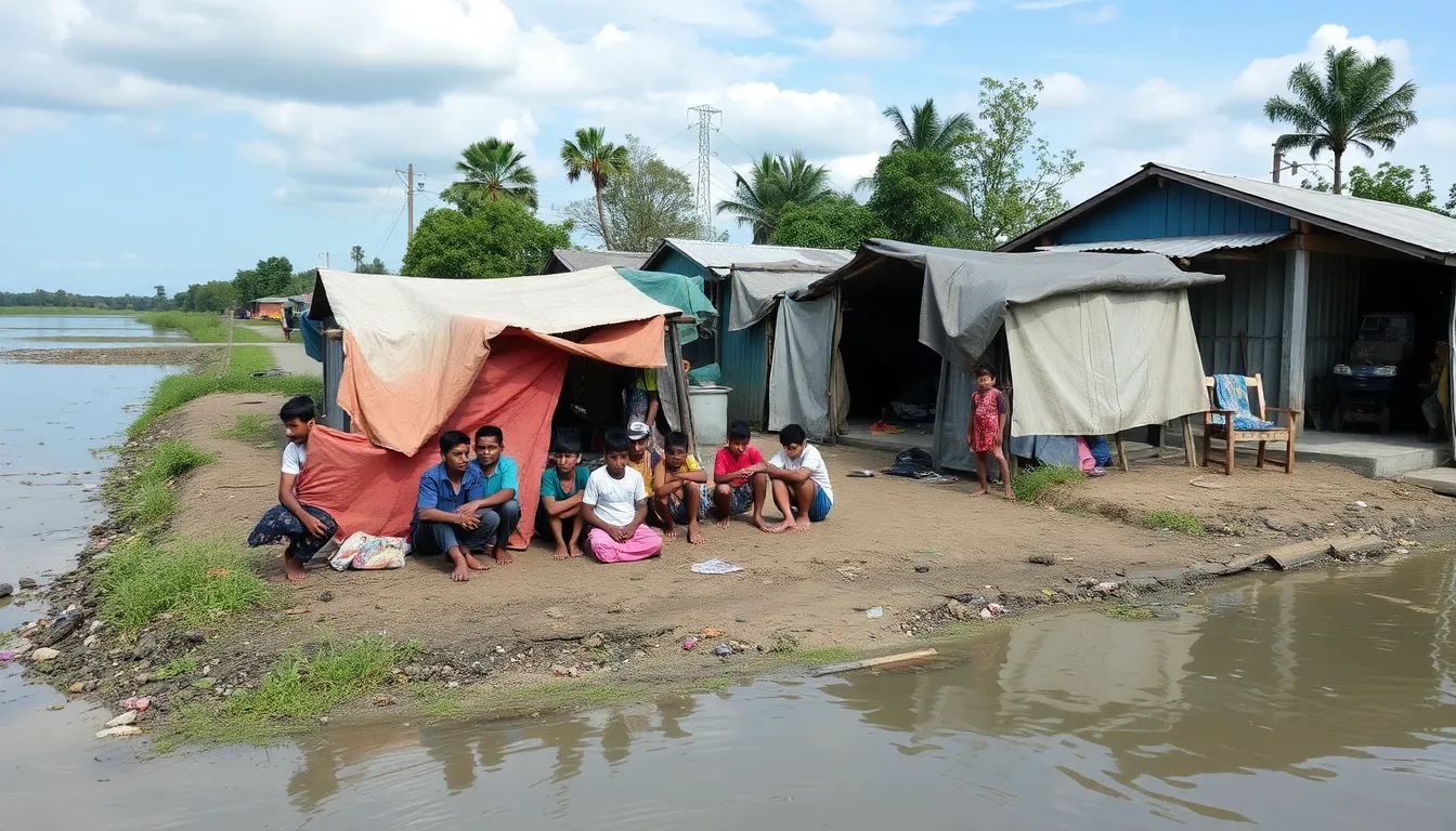 Families huddle together in makeshift sheds as they seek shelter from the pollution crisis affecting their homes near the contaminated River Clearwater.