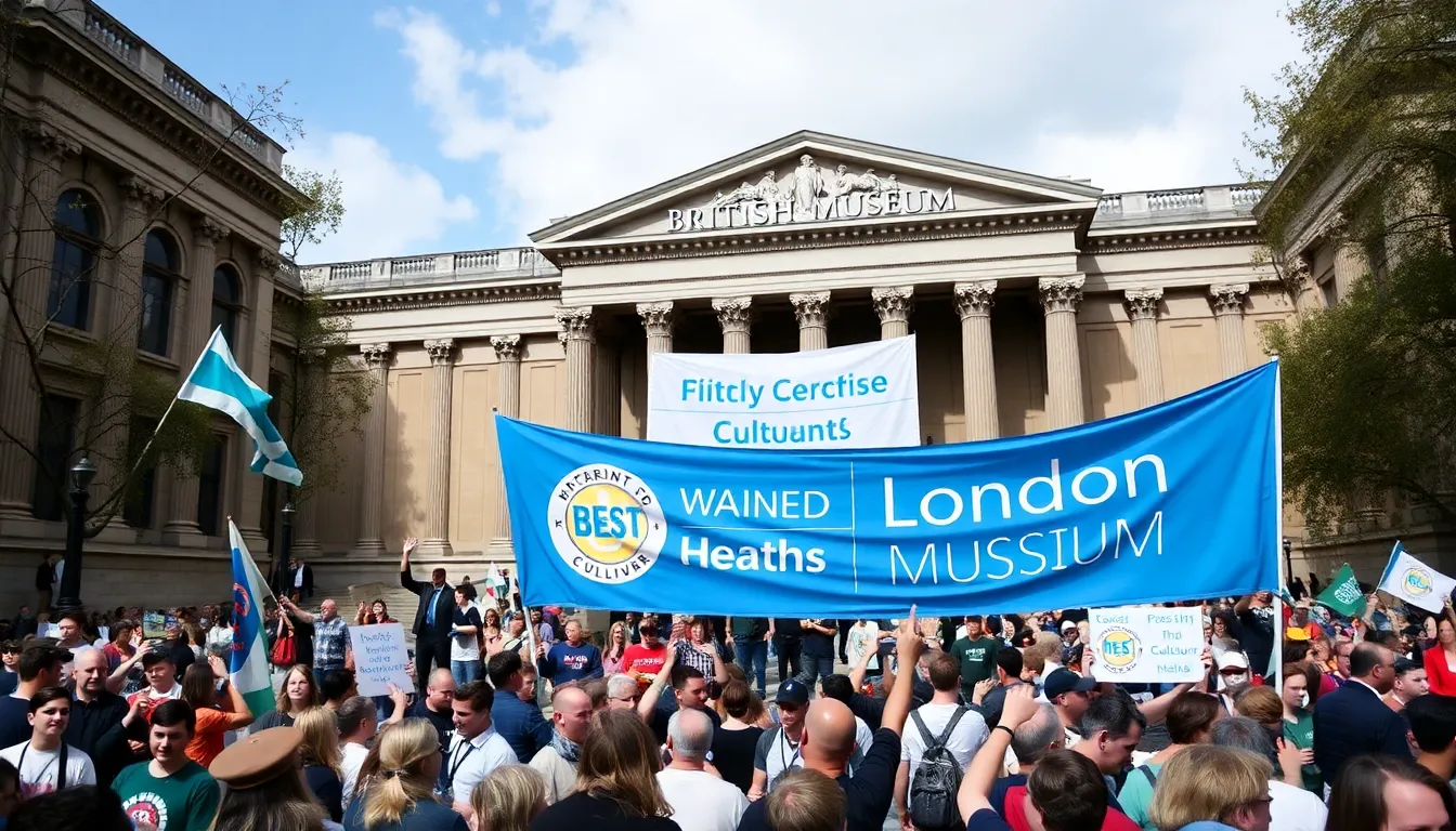 Crowds gather in front of the British Museum, celebrating London's recognition as the best city in the world for culture, with banners and flags waving in the air.