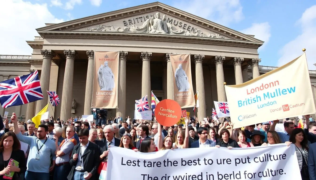 A stunning view of the British Museum, highlighting its grand architecture and the diverse visitors exploring its vast collections