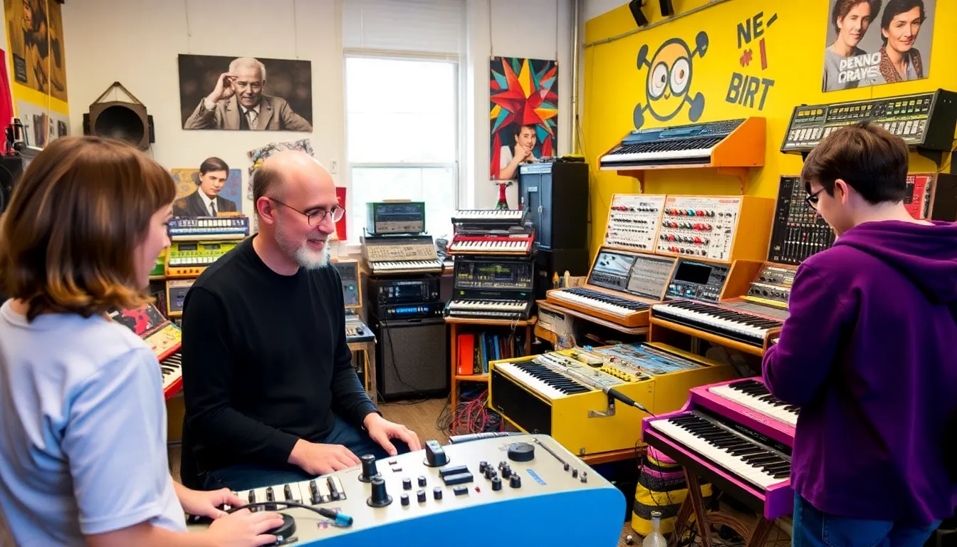 Look Mum No Computer interacts with visitors at his music museum, surrounded by an array of colorful synthesizers and selfbuilt instruments that invite creativity and exploration.