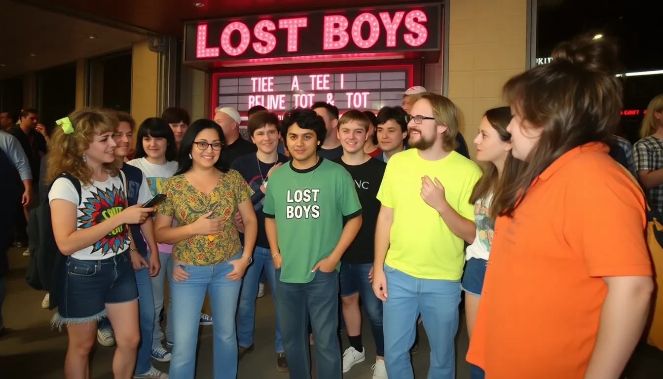 A group of fans dressed in 1980sinspired clothing gather at a theater for a special screening of The Lost Boys, celebrating its cultural impact and legacy.
