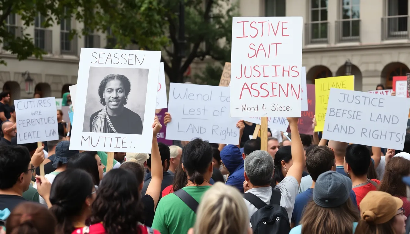 protesters gather in a public square holding signs demanding justice for a murdered indigenous leader, surrounded by a diverse crowd expressing solidarity and concern for land rights.