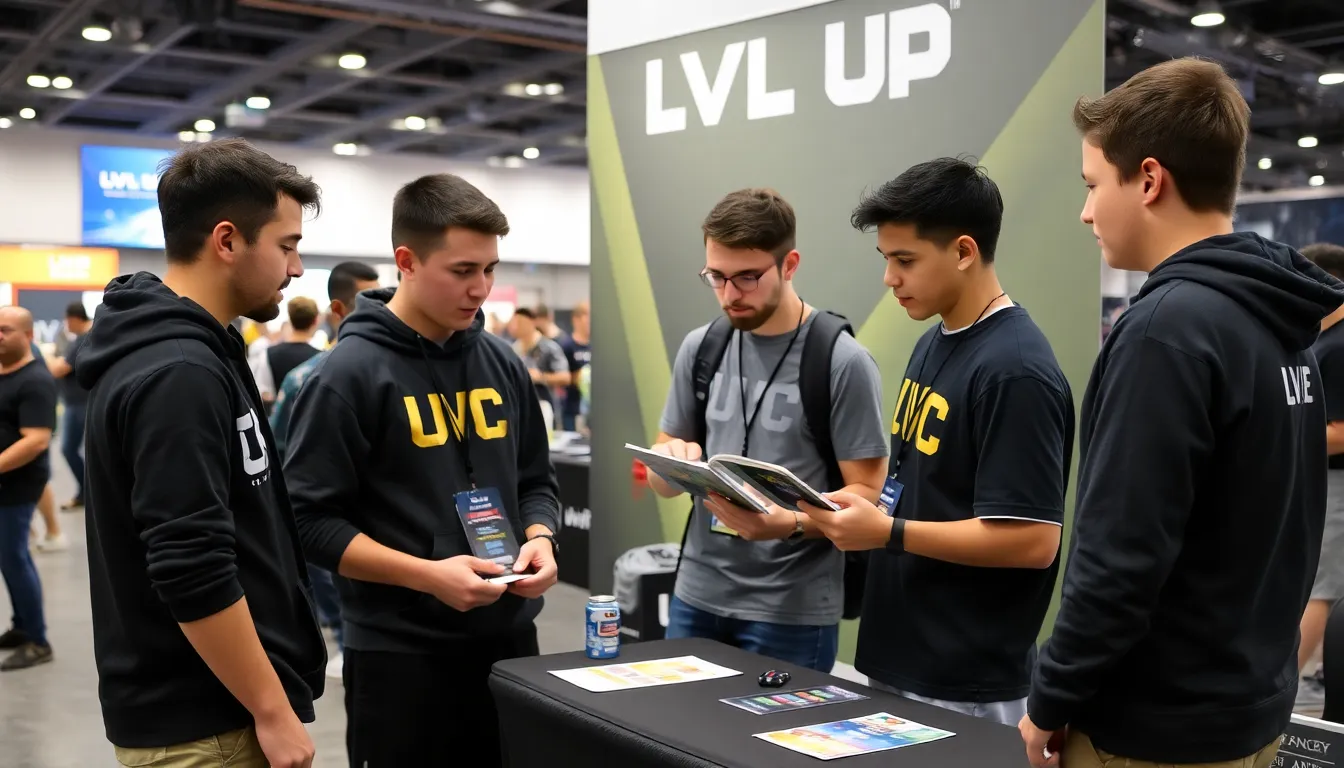 A group of young gamers gathers around a booth at LVL UP EXPO, engaging with promotional materials from the U.S. Army while discussing the implications of military sponsorship in esports.