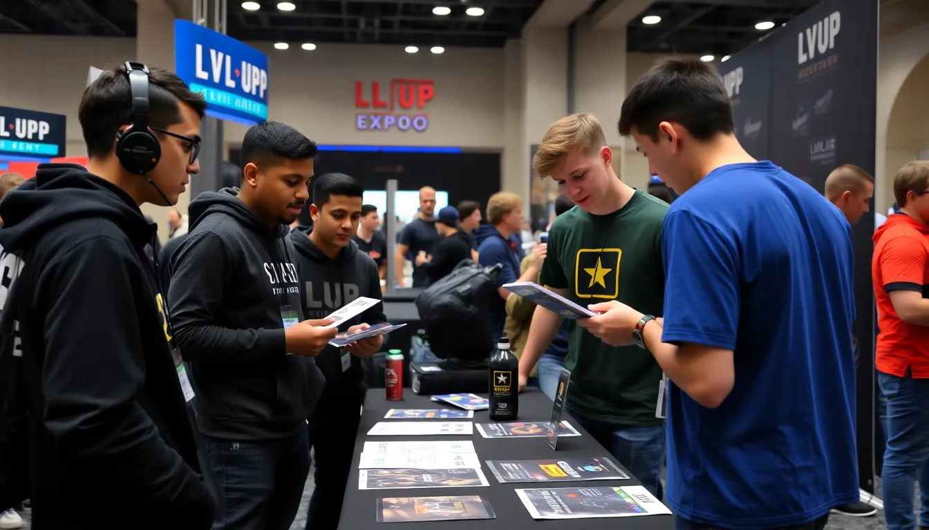 Activists holding signs and banners, advocating for transparency in military sponsorships at gaming events like LVL UP EXPO