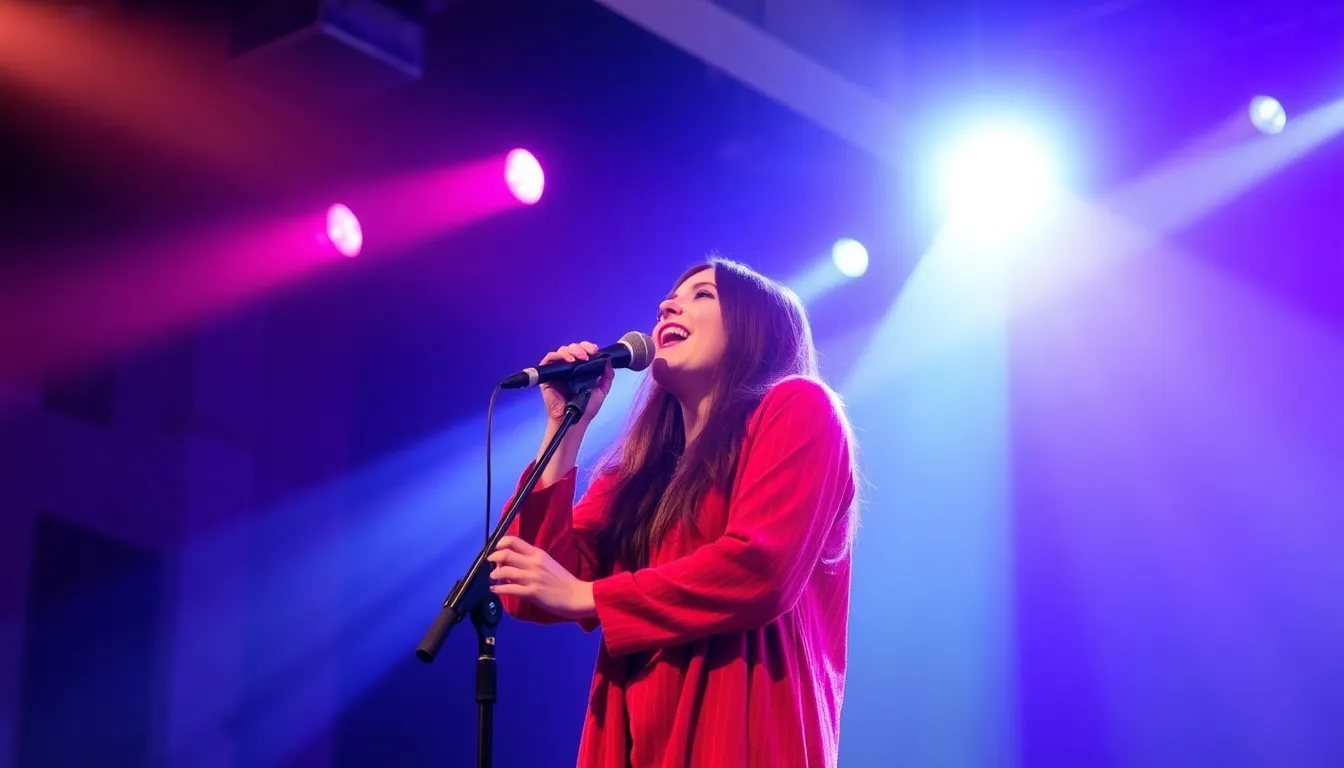 Lykke Li performs on stage, passionately singing into a microphone while colorful lights illuminate the backdrop during her album release event for 'The Afterparty'.