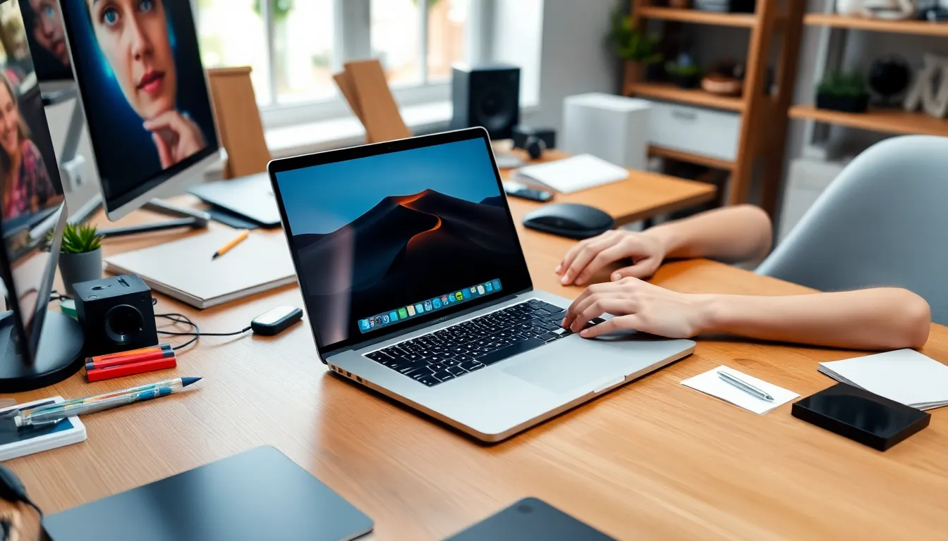A sleek MacBook Pro M5 sits on a wooden desk surrounded by creative tools, showcasing its modern design and vibrant screen while a user types intently.