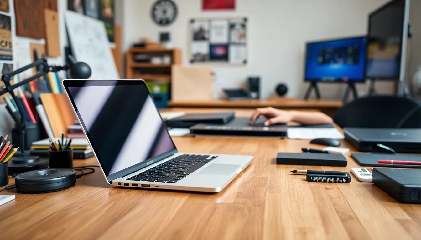 A professional working on video editing software on the MacBook Pro M5, illustrating the device's powerful performance in demanding applications