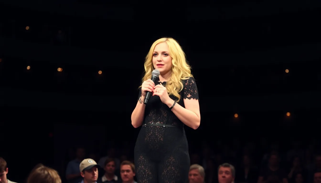 Madonna stands on stage at the Tribeca Festival, preparing to announce the premiere of her visual film Confessions II to an eager audience.