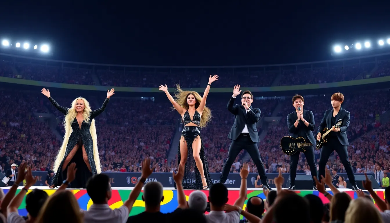 Madonna, Shakira, and BTS are seen on stage together, captivating a diverse audience during the FIFA World Cup Final Halftime Show.