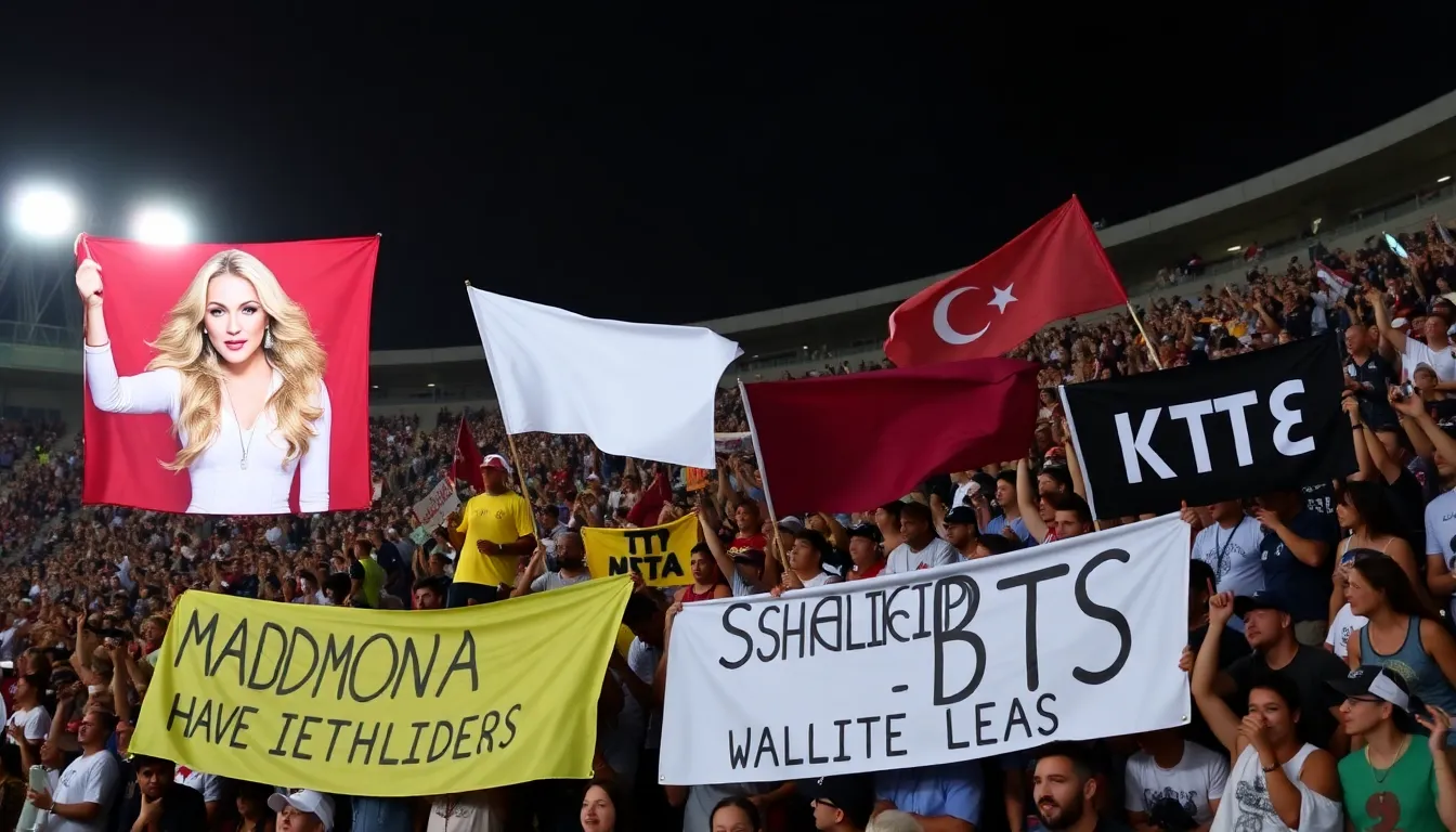 Fans from around the world eagerly gathering in stadium seats, excitedly waiting for the musical celebration during the World Cup