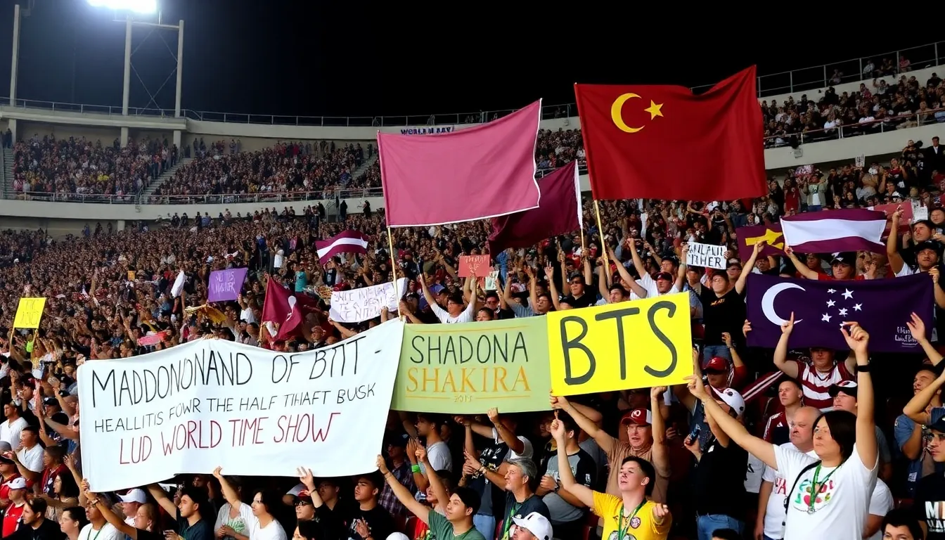 A colorful promotional banner featuring Madonna, Shakira, and BTS, symbolizing the fusion of music and sports at the upcoming World Cup halftime show