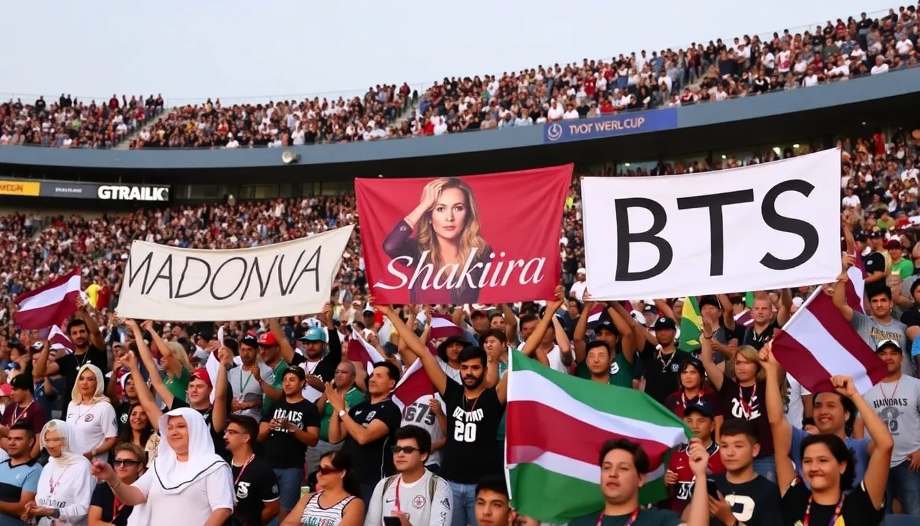 Enthusiastic crowds cheering and waving flags, reflecting the global unity and cultural diversity that the World Cup embodies through its entertainment lineup