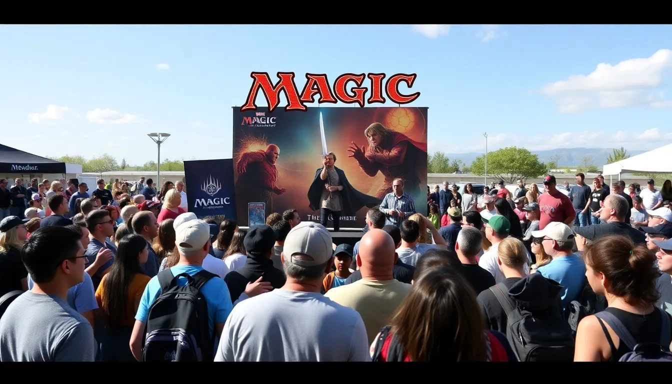 A dynamic scene of players enjoying a game of Magic The Gathering, surrounded by promotional materials for the new crossover sets, illustrating the growing trend of franchise collaborations in gaming