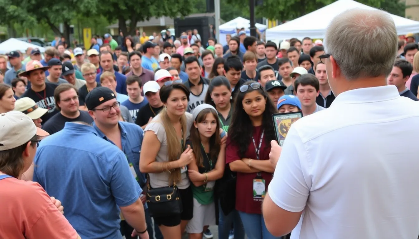A crowd of enthusiastic fans gathers at a preview event to witness the unveiling of new Magic The Gathering crossover sets featuring Marvel superheroes and characters from The Hobbit.