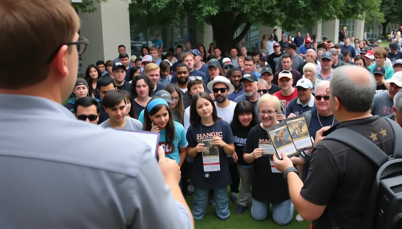 Fans eagerly discussing the new crossover sets at a local game store, reflecting the excitement and community engagement surrounding the release of Marvel and 'The Hobbit' themed cards
