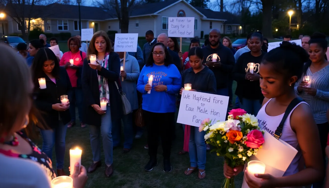 Community members gather at a vigil, holding candles and flowers in memory of the 5yearold girl who was tragically murdered, expressing their grief and demanding justice.