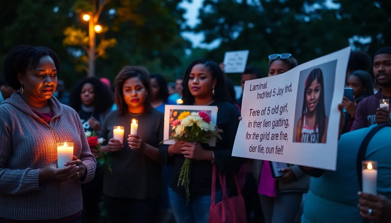 A vigil takes place in a park, with families holding signs demanding justice for the murdered child