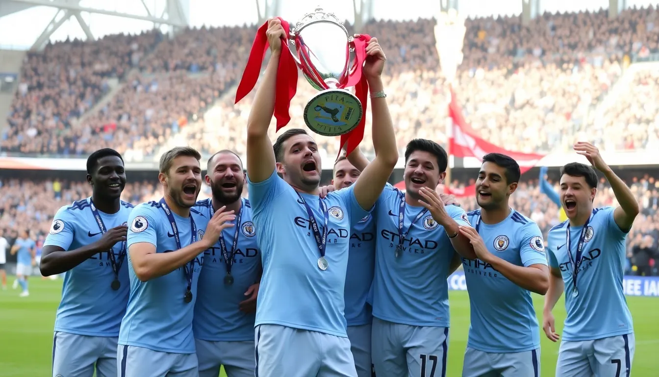 Manchester City players celebrate their FA Cup victory over Manchester United at Wembley Stadium, with fans cheering in the background.