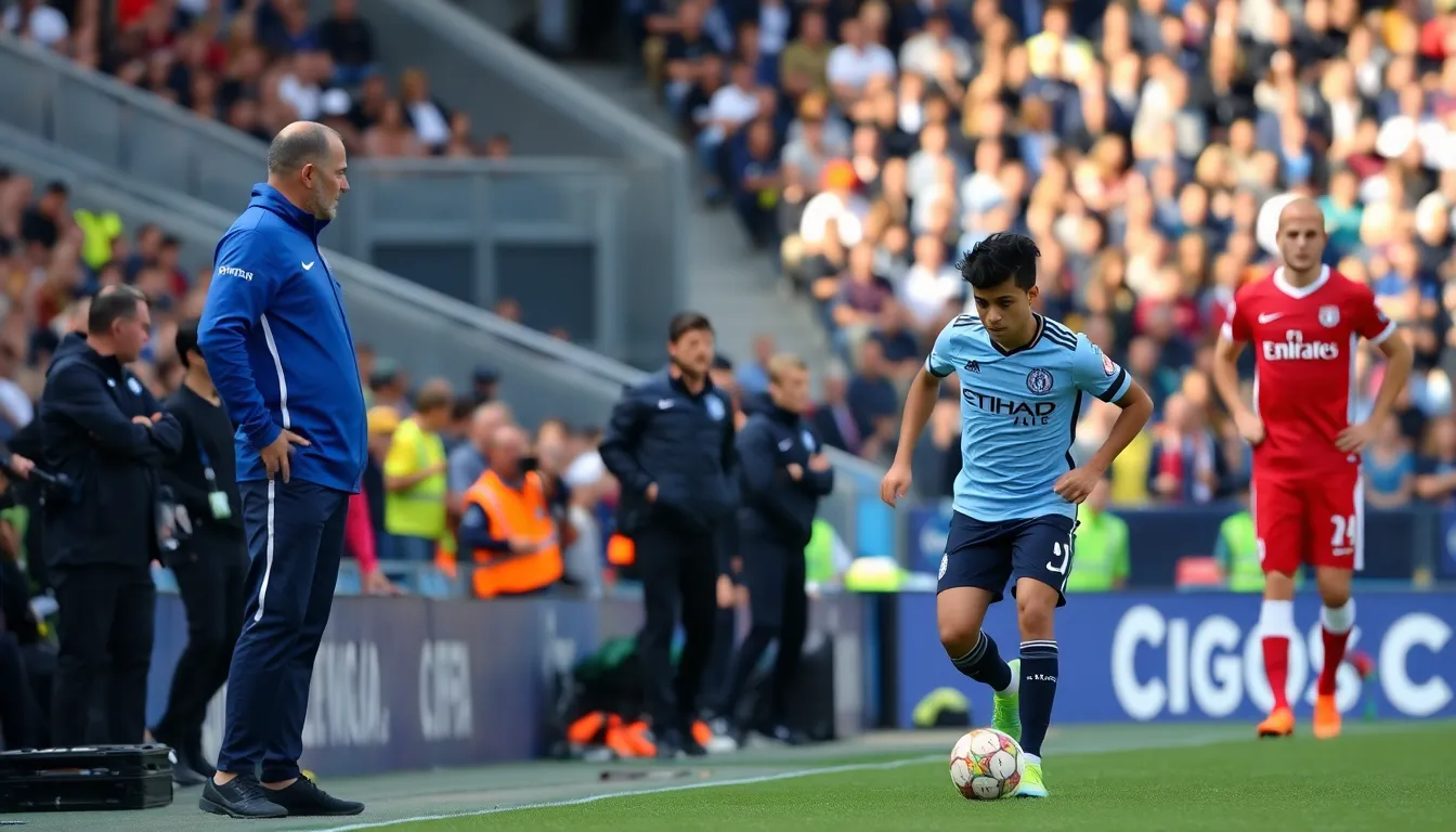 A Manchester City scout observes Vinicius Jr during a La Liga match, highlighting the club's interest in the Brazilian winger amidst transfer rumors.