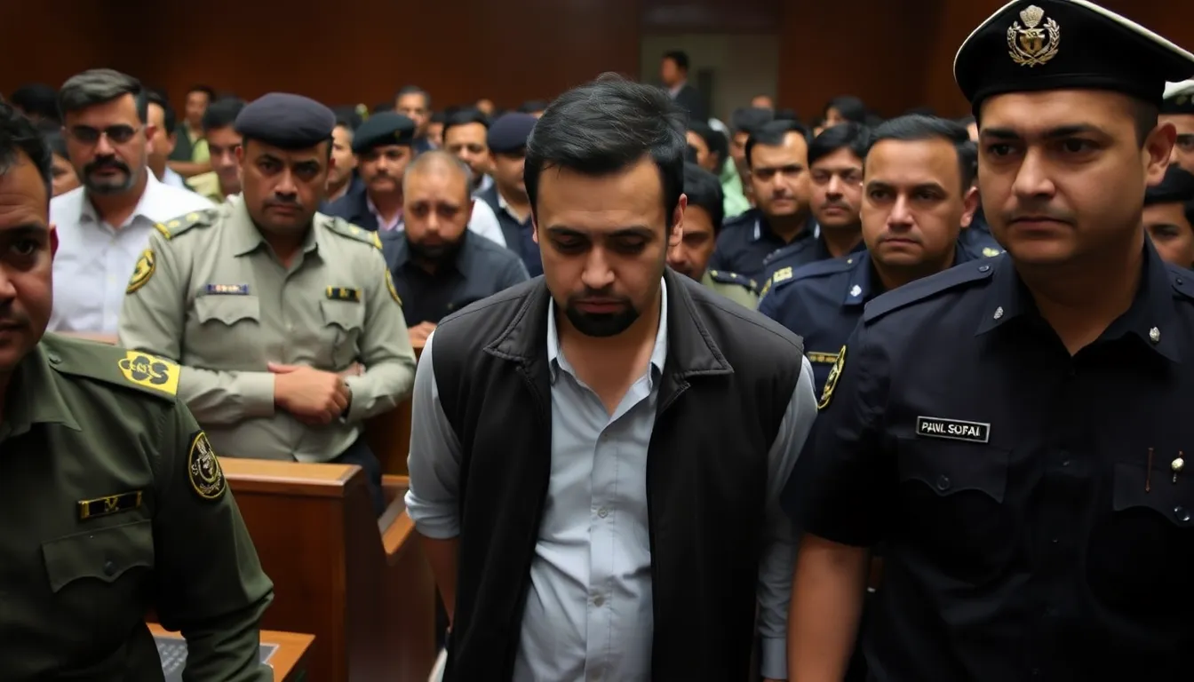 A courtroom scene shows the convicted man, Muhammad Ali, being led away in handcuffs after receiving a death sentence for the murder of a teenage TikTok star in Pakistan.